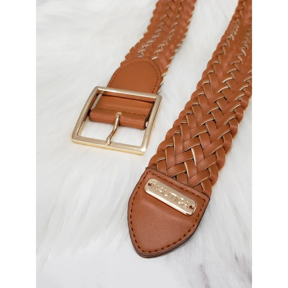 Vintage Nautica Braided Leather Belt tan brown brass buckle nautical old‎ money